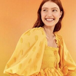 FARM Rio Embroidered Pineapple Dress Puffed Sleeve Tiered Skirt Smocked Bodice M